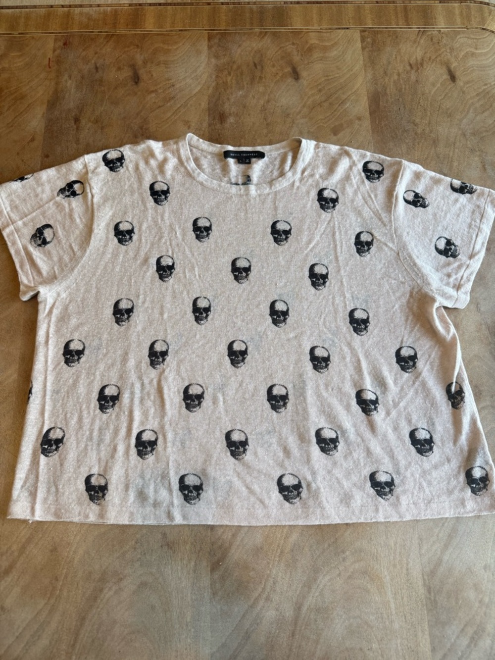 Skull Cashmere 100% Linen Knit Skull Print T-Shirt Beige Black Size L